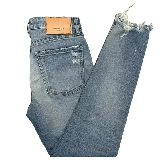 Moussy Vintage Tapered Distressed Jeans Light Blue Denim Ankle Raw hem Size 25 - Picture 10 of 10